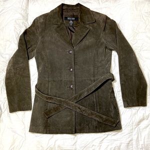 New York & Company Leather Brown Belted Coat Size Medium